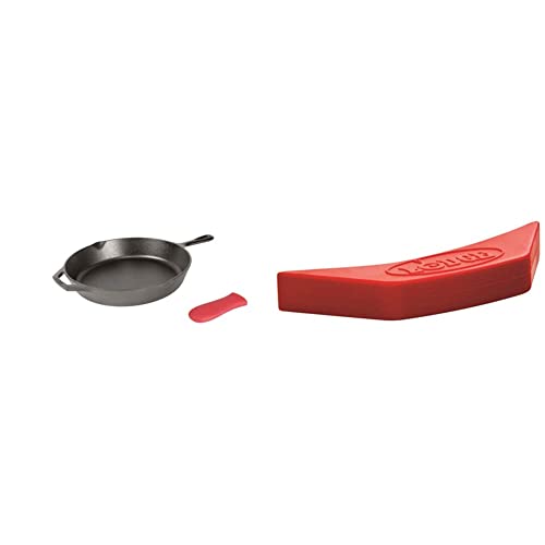 Lodge Cast Iron Skillet with Red Silicone Hot Handle Holder, 12-inch & ASAHH41 Silicone Assist Handle Holder, Red, 5.5″ x 2″