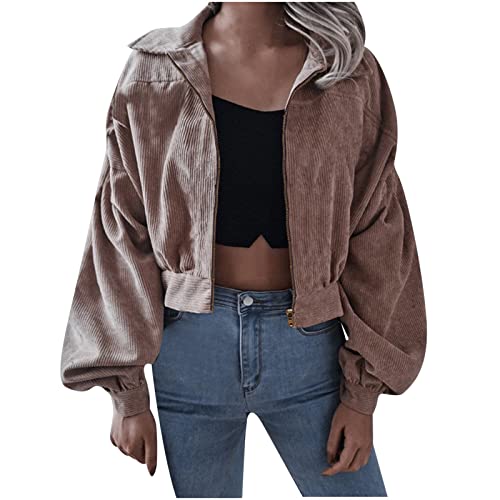 Echoollly Women’s Solid Long Sleeve Crop Corduroy Jacket Zipper Front Coat Cardigan Winter Lapel Shirts Blouse Sweatshirt