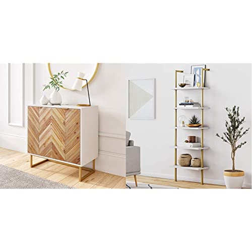 Nathan James Enloe Modern Storage, Free Standing Accent Cabinet, White/Gold & Theo 5-Shelf Modern Bookcase, Open Wall Mount Ladder Bookshelf with Industrial Metal Frame, White/Gold