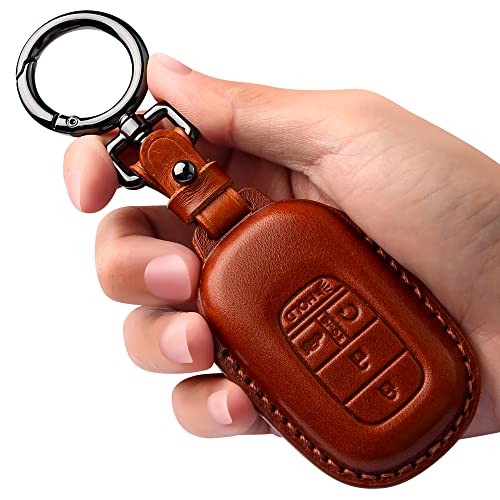 Tukellen for Honda Key Fob Cover Leather,with Keychain Compatible with 2022 2023 Civic Accord,5 Buttons Smart Remote Key-Brown