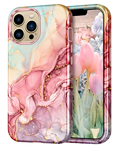 Btscase Compatible with iPhone 13 Pro Max Case 6.7 Inch 2021,Marble Pattern 3 in 1 Heavy Duty Shockproof Full Body Rugged Hard PC+Soft Silicone Drop Protective Women Girl Phone Cases, Rose Gold