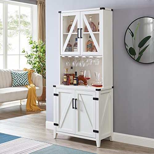 Home Source Off-White Bar Cabinet with Upper Glass Cabinet