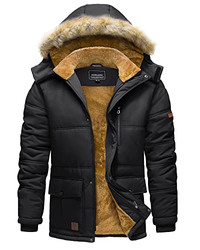 TACVASEN Men’s Winter Jacket with Hood Water Repellent Windproof Fleece Parka Coat Black, 2XL