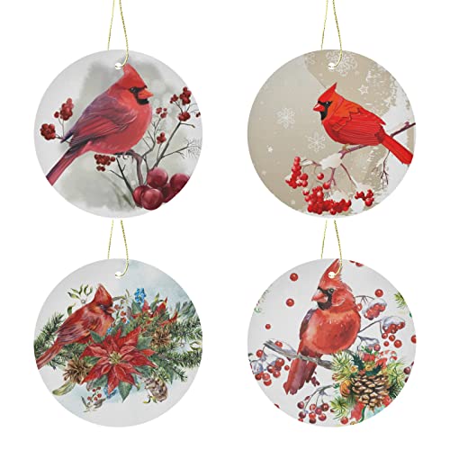 ZzWwR Cute Snowman Santa Penguin Christmas Ornaments Set of 4 Double Sided Printed Round Shaped Hanging Crafts Decor for Christmas Tree Xmas Holiday Party
