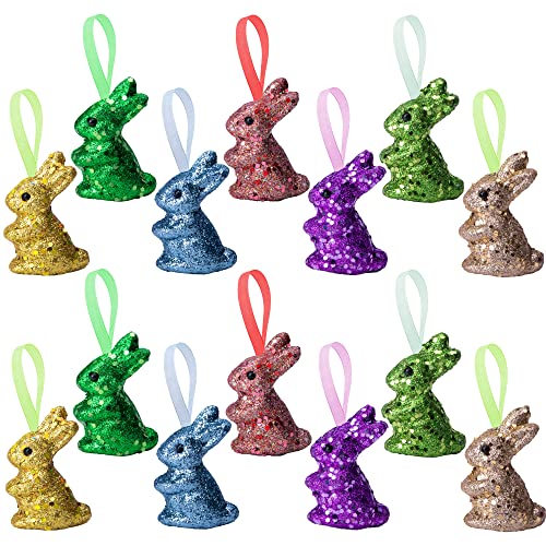 Watayo 14 PCS Easter Foam Glitter Rabbit Ornament-Easter Colored Bunny Hanging Ornament for Easter Party Supplies DIY Decoration Gift