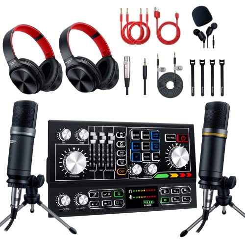 Podcast Equipment Bundle Aluminum Alloy Panel with Studio Condenser Microphone Sound DJ Mixer Broadcast ALL-IN-ONE Audio Interface [DIY Sound Effect] For PC/Laptop/Phone,Streaming/Podcasting/Recording