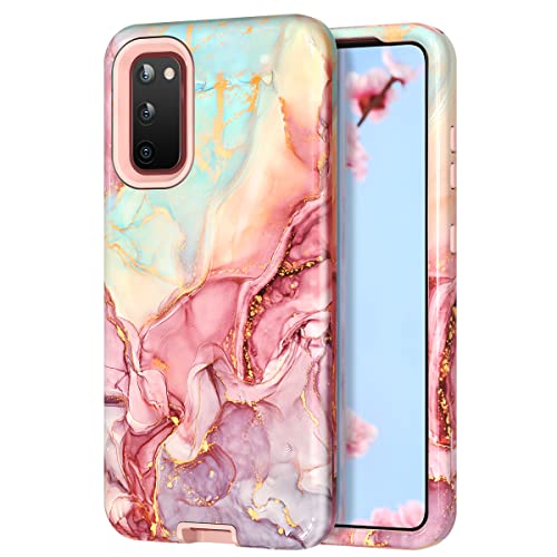 Btscase for Galaxy S20 FE 5G Case, Marble Pattern 3 in 1 Heavy Duty Shockproof Full Body Rugged Hard PC+Soft Silicone Drop Protective Women Girl Covers for Samsung Galaxy S20 FE 6.5 Inch, Rose Gold