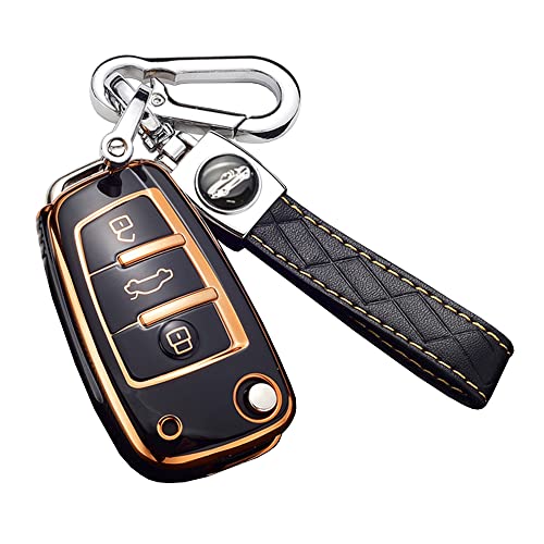ontto Fit for Audi Flip Key Cover Remote Control Key Fob Case with Keychain,Soft TPU Key Holder Black