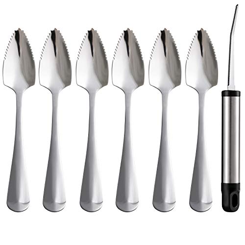 Grapefruit Spoons and Grapefruit Knife, Set of 7 Food Grade Stainless Steel Dessert Spoons Mirror Finish Fruit Knife, Serrated Grapefruit Utensils Tool, Suitable for Citrus Fruits Desserts Salads