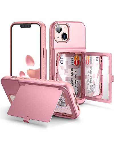 WeLoveCase for iPhone 13 / iPhone 14 Wallet Case with Credit Card Holder & Hidden Mirror, Two Layer Shockproof Heavy Duty Protection Cover Protective Case for iPhone 13/14 6.1 Inch-Rose Gold