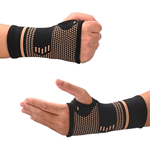 Copper Wrist Compression Sleeves, Comfortable and Breathable for Arthritis, Tendonitis, Sprains, Workout, Carpal Tunnel, Wrist Support for Women and Men (Pair)