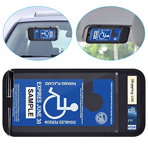 Handicap Placard Holder for Auto, Wisdompro Disabled Parking Permit Sign Protector for Car Sun Visor with Note Paper Slot, Pen Holder and Elastic Strap – Black