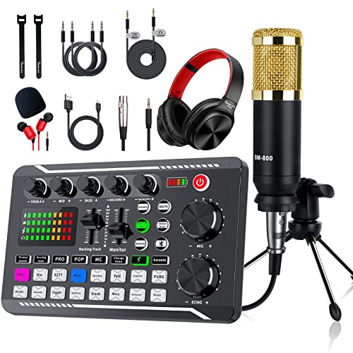 Podcast Equipment Bundle, Audio Interface with DJ Mixer and Sound Mixer, Portable ALL-IN-ONE Podcast Production Studio with Condenser Microphone for Guitar, Live Streaming, PC, Recording and Gaming