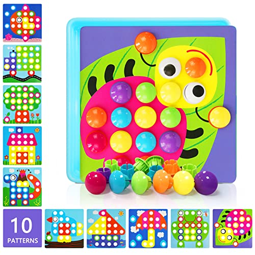 OKREVIEW Button Art Toys for Toddlers Color Matching Mosaic Pegboard Toddler Toys Toys for 3+ Year Old Boys & Girls, 10 Pictures and 46 Buttons with a Box