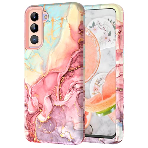 Btscase for Galaxy S21 Plus Case,Marble Pattern 3 in 1 Heavy Duty Shockproof Full Body Rugged Hard PC+Soft Silicone Drop Protective Women Girl Covers for Samsung Galaxy S21+ Plus 5G,Rose Gold