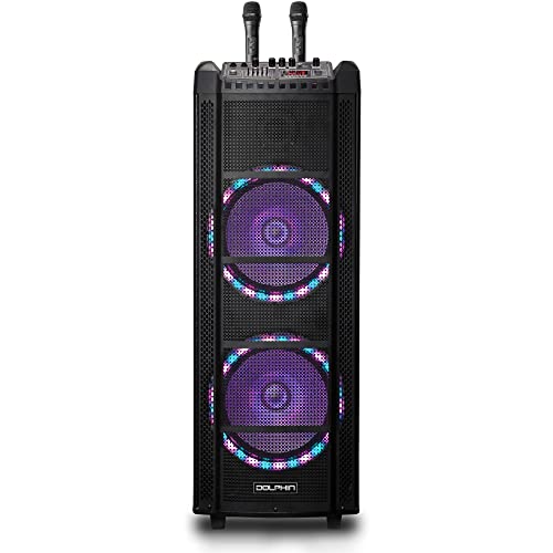 Dolphin SP-2130RBT Large Karaoke Speaker System with Two Wireless Microphones, Dual 12″, 5 Hour Battery