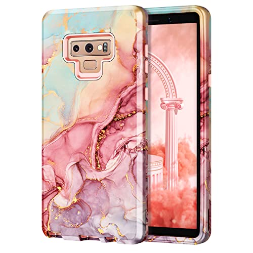 Btscase Compatible with Galaxy Note 9 Case, Marble Pattern 3 in 1 Heavy Duty Shockproof Full Body Hard PC+Soft Silicone Drop Protective Women Girls Cover for Samsung Galaxy Note 9 6.4 Inch, Rose Gold