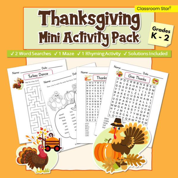 Thanksgiving Mini Activity Pack | Word Searches, Maze and Rhyming Activity for K – 2