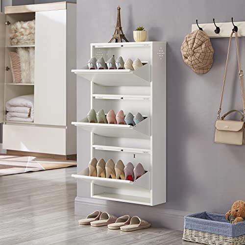 SPACEROCK 3 Drawer Shoe Storage Cabinet Wall Mounted & No-Assembly 20“ Metal Shoe Cabinet for Entryway, Hallway, and Corridor, Holds 9 Pair Shoes, White