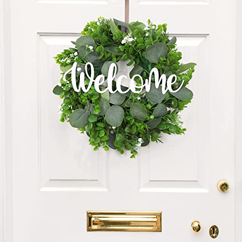 Artificial Eucalyptus Wreath with Welcome Metal Sign for Front Door 13″ Faux Green Leaf Hanging Decor Farmhouse Porch Patio Garden Wedding Party Celebration Wall Home Table St Patricks Day Decoration