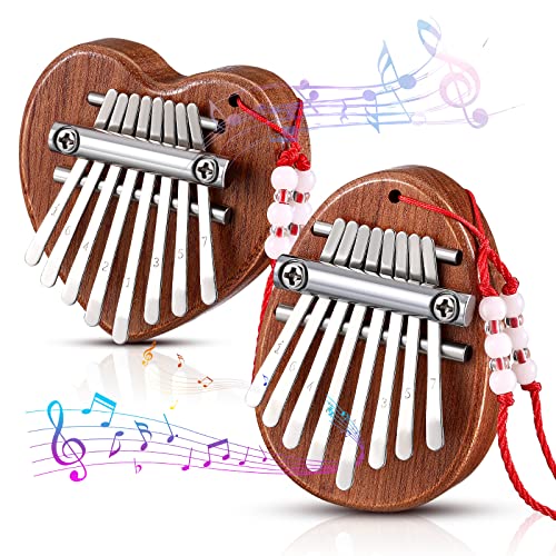 2 Pieces Mini Kalimba 8 Key Thumb Piano Exquisite Mini Finger Thumb Piano with Lanyard Chain Portable Oval Heart Shaped Kalimba Instrument for Christmas Kids Adults Beginners Gift