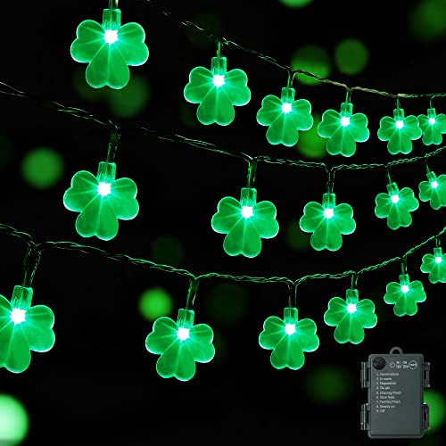 WATERGLIDE 1 Pack St. Patricks Day Shamrocks Lights, 50 LED Outdoor Decorative String Lights, Battery Operated Lucky Clover Light, 8 Lighting Modes & Timer, Waterproof for Party Garden Home Decor
