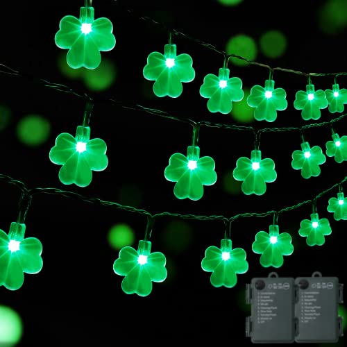 WATERGLIDE 2 Pack St. Patricks Day Shamrocks Lights, 50 LED Outdoor Decorative String Lights, Battery Operated Lucky Clover Light, 8 Lighting Modes & Timer, Waterproof for Party Garden Home Decor