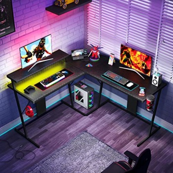 Bestier 55 Inch Gaming Desk with Led Lights L Shaped Corner Gamer Desk with Long Monitor Shelf Cup Holder Headset Hook Home Office Desk, Carbon Fiber Black | The Storepaperoomates Retail Market - Fast Affordable Shopping