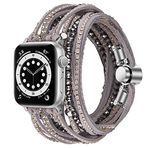 V-MORO Compatible with Series 8/7 Apple Watch 41mm 40mm Bands Multilayer Wrap Bracelets Suede Leather Strap Replacement with Updated Adjustable Clasp for iWatch Series 6/SE/5/4/3/2/1(Gray,38/40/41mm)