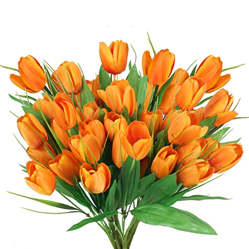 MHMJON 6Pcs Tulips Artificial Flowers Real Touch Tulips Bouquet Orange Silk Flower Arrangements for Easter Spring Party Wedding Home Table Centerpieces Office Garden DIY Floral Decor, 00000