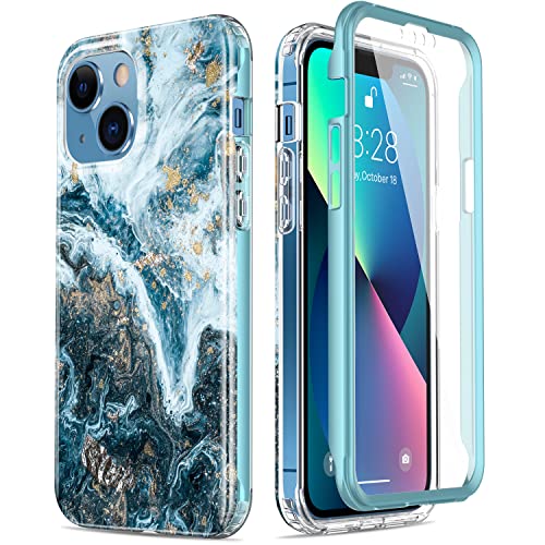 ESDOT iPhone 13 Case with Built-in Screen Protector,Military Grade Rugged Cover with Fashionable Designs for Women Girls,Protective Phone Case for Apple iPhone 13 6.1″ Opal Marble Teal