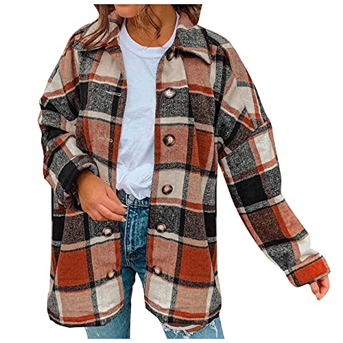 Flannel Shacket Women,Brushed Plaid Shirts Long Sleeve Lapel Corduroy Button Down Pocketed Shacket Jacket Coats,Shacket Jacket Women Plaid Orange Long Sleeve Shirts for Women