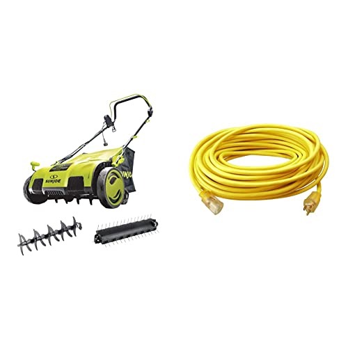 Sun Joe AJ805E 15-Inch 13-Amp Electric Dethatcher and Scarifier, Green & Southwire 2589 100-ft 12/3 SJTW Outdoor, for Commercial Use and Major Appliances Extension Cord, 100 ft, Yellow