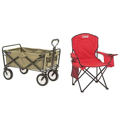Mac Sports Folding Steel Frame Garden Utility Wagon Cart, Green (for Parts) & Coleman Portable Quad Camping Chair with Cooler , Red, 37″ x 24″ x 40.5″