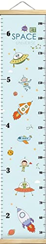 ChezMax Height Growth Chart Kids Measuring Height Indicator Tape Ruler Universe Planet Height Hanging Wood Fabric Canvas Removable Ruler Wall