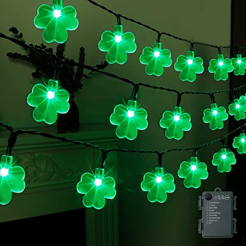 LJLNION St. Patricks Day String Lights Outdoor, 50 LED 16 FT Shamrocks Decorative Green Leaf Lights Battery Operated, 8 Lighting Modes & Timer, Waterproof for Home Garden Party Decoration, 1 Pack