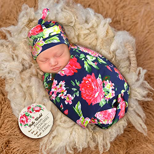 5 Pieces Baby Newborn Receiving Blanket with Headband Hat Set and Personalized Wood Birth Announcement Card Flower Print Baby Swaddle Receiving Blankets | The Storepaperoomates Retail Market - Fast Affordable Shopping