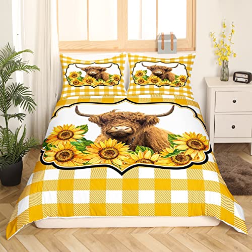 Kids Highland Cow Bedding Set, Yellow Sunflower Floral Comforter Cover Full Size, Boys Teens Bull Cattle Western Cowboy Comforter Cover Farm Animal Rustic Bed Sets Farmhouse Decoration, Corner Ties