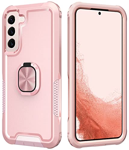 Petocase for Samsung Galaxy S22 Case Heavy Duty Full Body Shockproof Kickstand with 360°Ring Holder Support Car Mount Hybrid Bumper Silicone Hard Back Cover for Samsung Galaxy S22 6.2″ Rose Gold