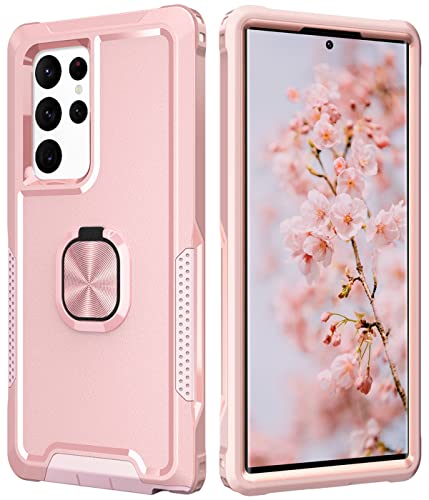 Petocase for Galaxy S22 Ultra Case Heavy Duty Full Body Shockproof Kickstand with 360°Ring Holder Support Car Mount Hybrid Bumper Silicone Hard Back Cover for Samsung S22 Ultra 6.8″ Rose Gold