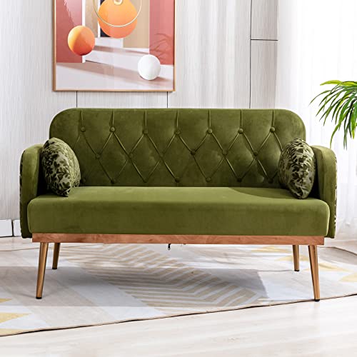 55-inch Small Velvet Couch with Elegant Moon Shape Pillows, Twin Size Loveseat Accent Sofa with Golden Metal Legs, Living Room Sofa with Tufted Backrest, 600 Pounds Weight Capacity, Green
