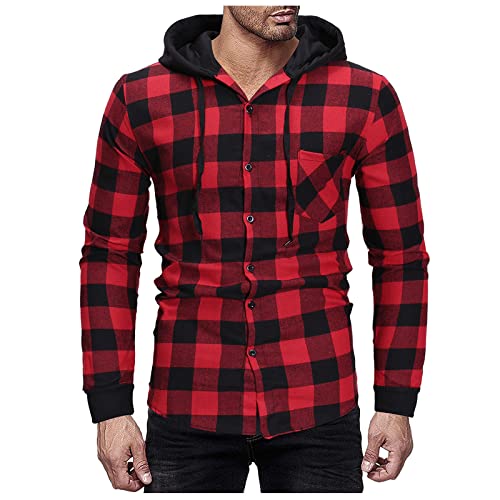 MOKINGTOP Mens Flannel Jacket,Men’s Plaid Shirts Long Sleeve Flannel Lapel Button Down Color Block Boyfriend Shacket Jacket Coats Red Plaid Jacket