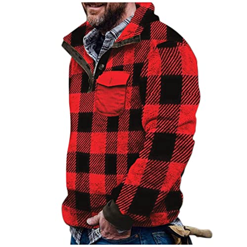 Mens Flannel Jacket,Mens Plaid Coat Lapel Button Down Loose Pocketed Wool Outcoat Casual Shacket Classic Jacket Roll Up Sleeve Shirt Outwear Red Plaid Jacket