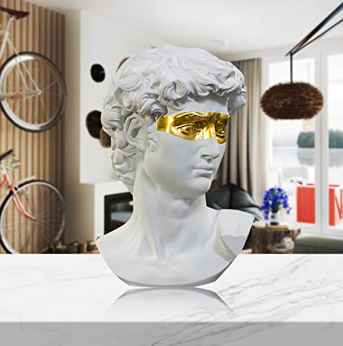 Ecacon Greek Statue Decor,6 inch David Statue, Bust Statues of Michelangelo David for Home Decor Resin Head Sculpture for Shelf,Desk,Decor Aesthetic (White&Gold)