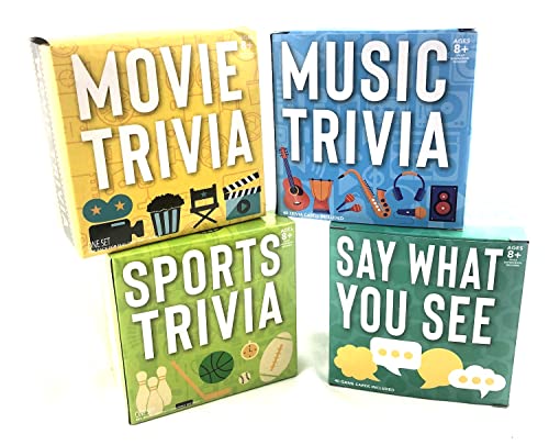 1616 Holdings Trivia Card Game – Music, Sports, Movie and Say What You See – 4 Games in One – 160 Cards