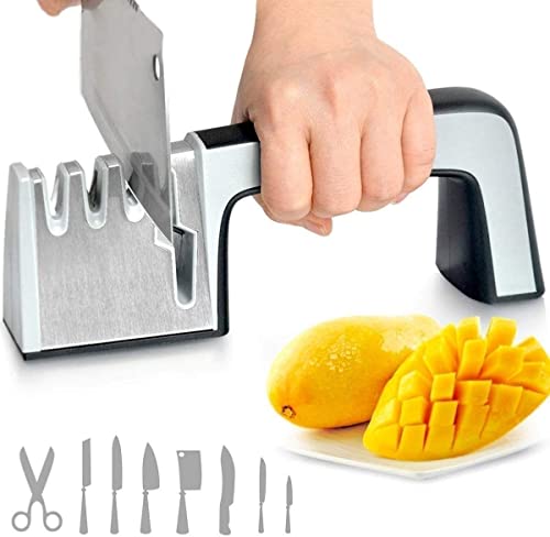 SMSOM Knife Sharpeners – 4 Stage Kitchen Knife Scissor Sharpener to Repair, Restore, Sharp, Polish Blades, 4-in-1 Manual Chef Steel Knife Scissor Sharpening Tool Kitchen Accessories (Silver)