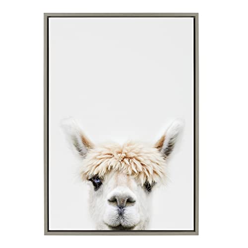 Kate and Laurel Sylvie Alpaca Bangs Framed Canvas Wall Art by Amy Peterson Art Studio, 23×33 Gray, Decorative Adorable Animal Art for Wall