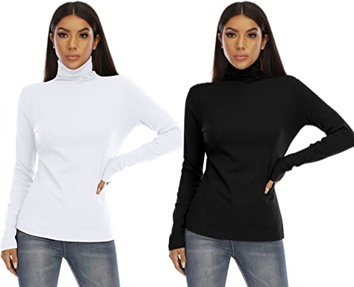 RightPerson Women’s Basic Long Sleeve Turtleneck T-Shirt Solid Slim Soft Cotton Tops(2 Pack-White+ Black/Turtleneck,M)