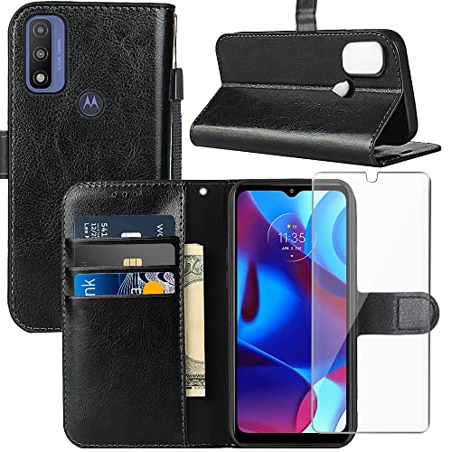 for Motorola Moto G Pure Case, Moto G Pure Wallet Case, with Screen Protector,PU Leather Wrist Strap Card Slots Shockproof Protective Flip Cover Phone Case for Moto G Pure/G Power 2022,Black