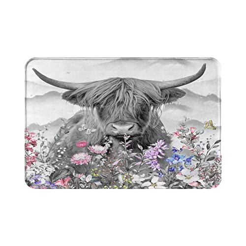 Bath Rugs Highland Cow Bull with Flowers Door Mat Outdoor Doormat Non Slip Absorbent Bathroom Rug Carpet for Home Entrance Kitchen One Size
